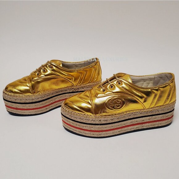 GUCCI SHOES PILAR GOLD LEATHER GG PLATFORM ESPADRILLE LACE-UP - Picture 7 of 13